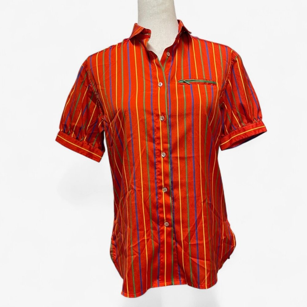 Vintage Liz Claiborne Red Orange Multi Color Striped Button‎ Up Retro Blouse